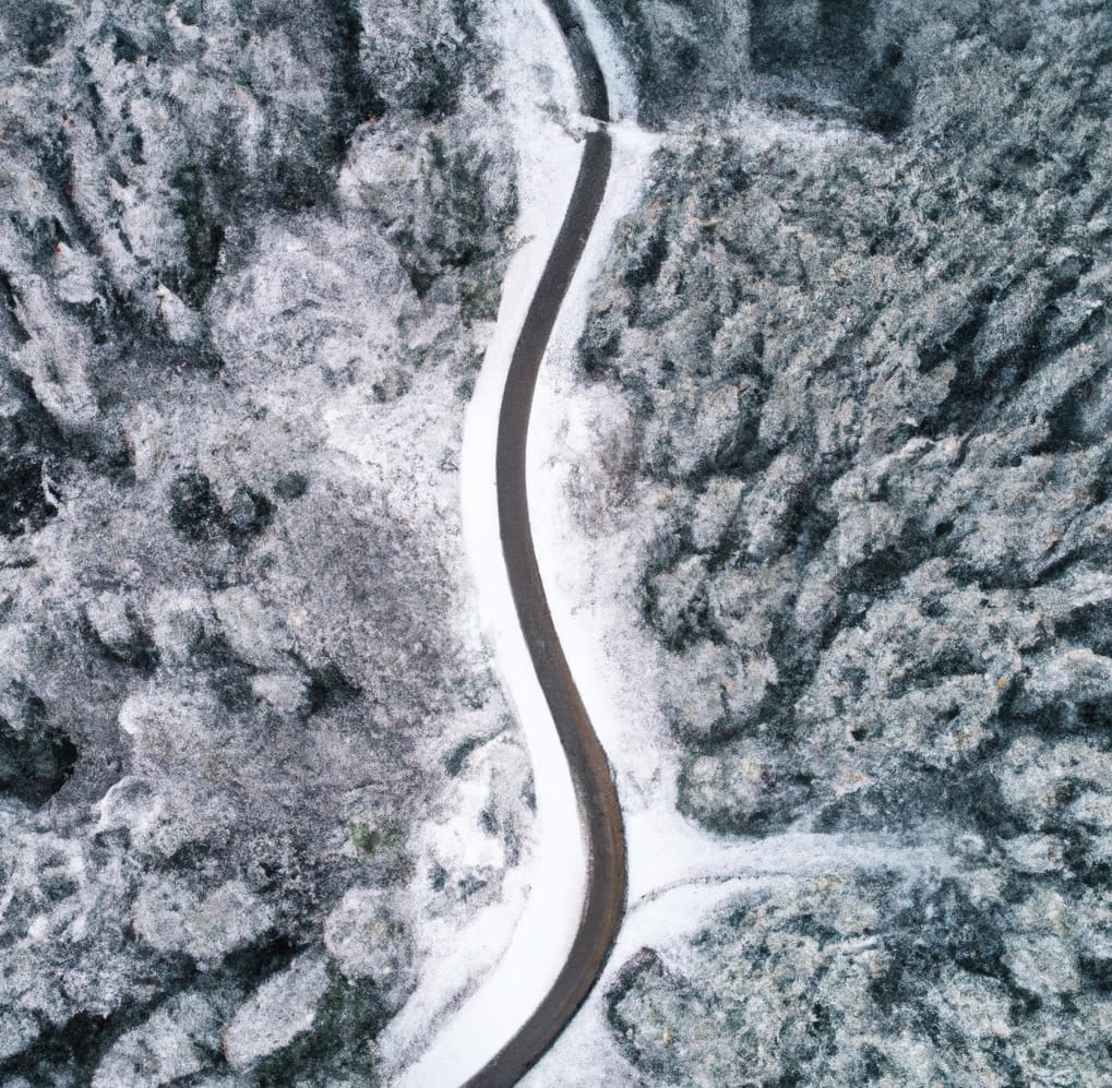 winter forrest from above with snowy road in the middle voor koude uitdagingen