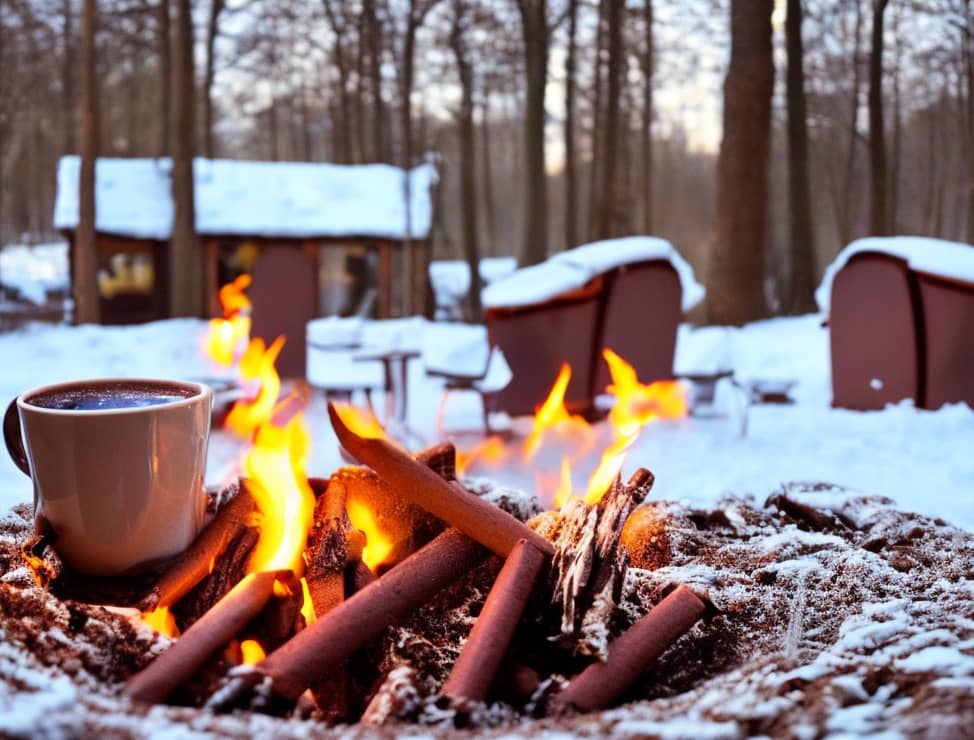 hot chocolate in winter outside with campfire