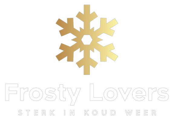 Gouden sneeuwvlok met titel FROSTY LOVERS en slogan STERK IN KOUD WEER